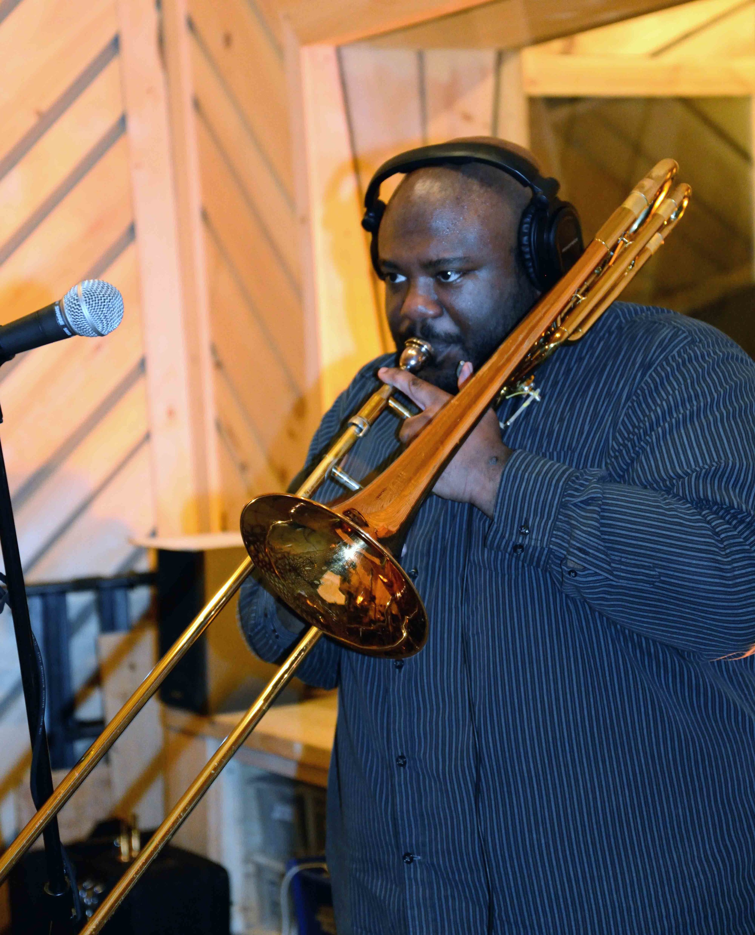  David White, trombone. David White Jazz Orchestra. The Chase. Mister Shepherd Records (MSR-10615). Recording session at The Bunker Studio, Brooklyn, NY. 2014. Photo by Joe Josephs.   