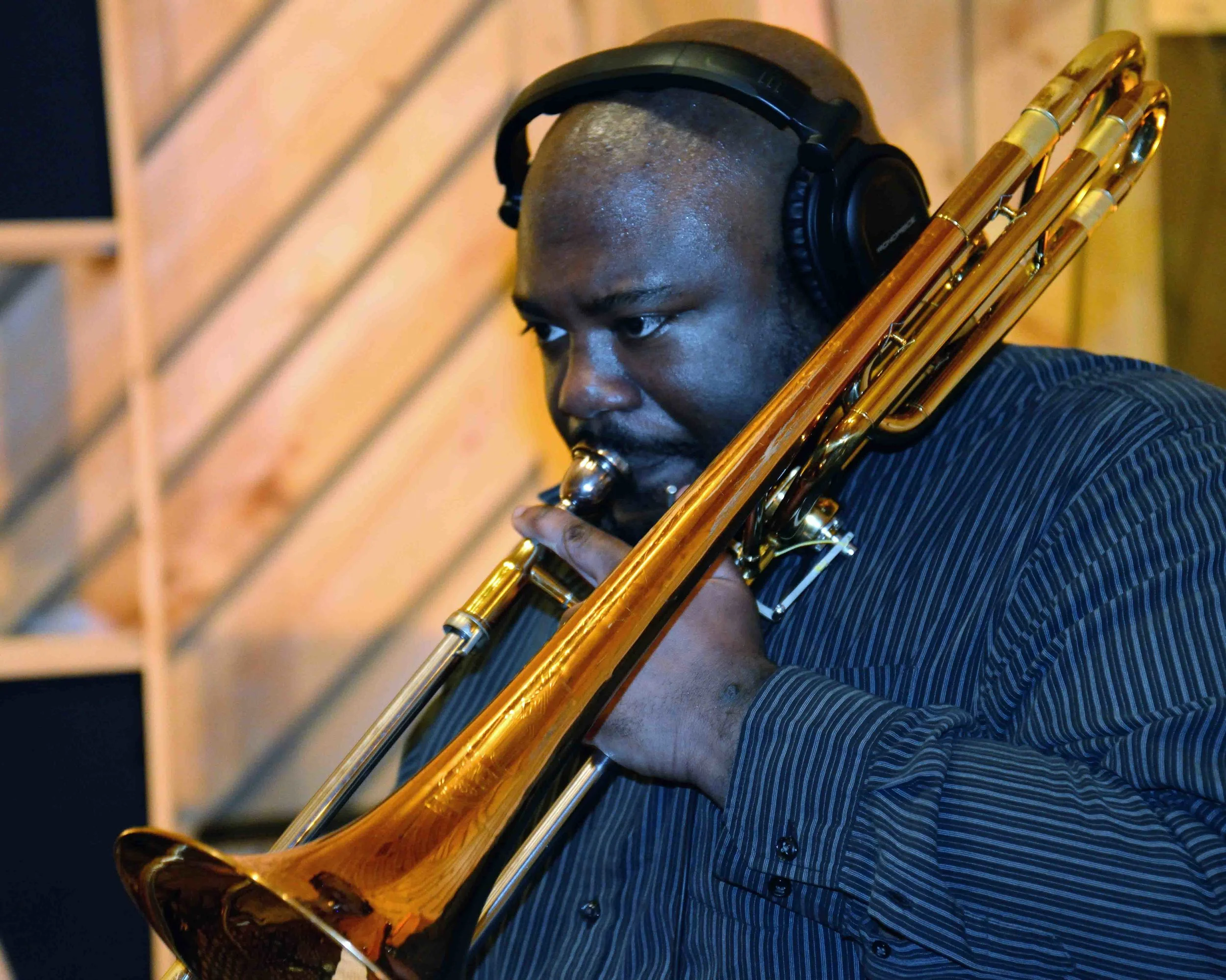  David White, trombone. David White Jazz Orchestra. The Chase. Mister Shepherd Records (MSR-10615). Recording session at The Bunker Studio, Brooklyn, NY. 2014. Photo by Joe Josephs.   