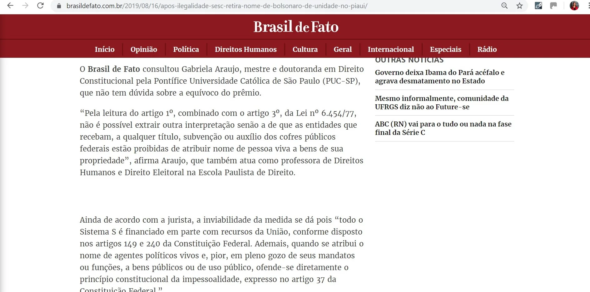 Portal Brasil de Fato entrevista Gabriela Araujo sobre a ilegalidade do SESC dar o nome do presidente Bolsonaro a uma escola