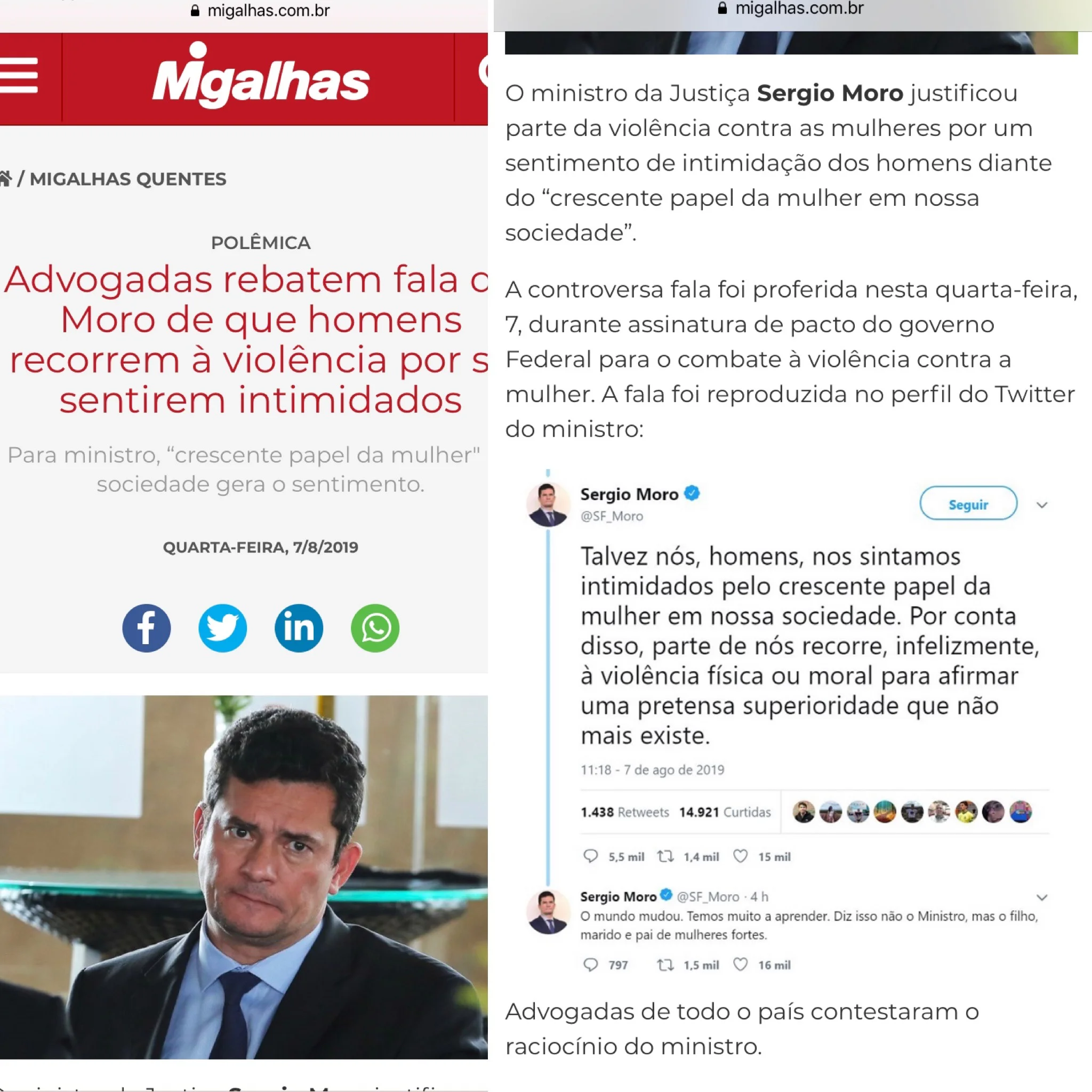 Em declaração ao Portal Migalhas, Gabriela Araujo rebate fala de Moro de que homens recorrem à violência por se sentirem intimidados