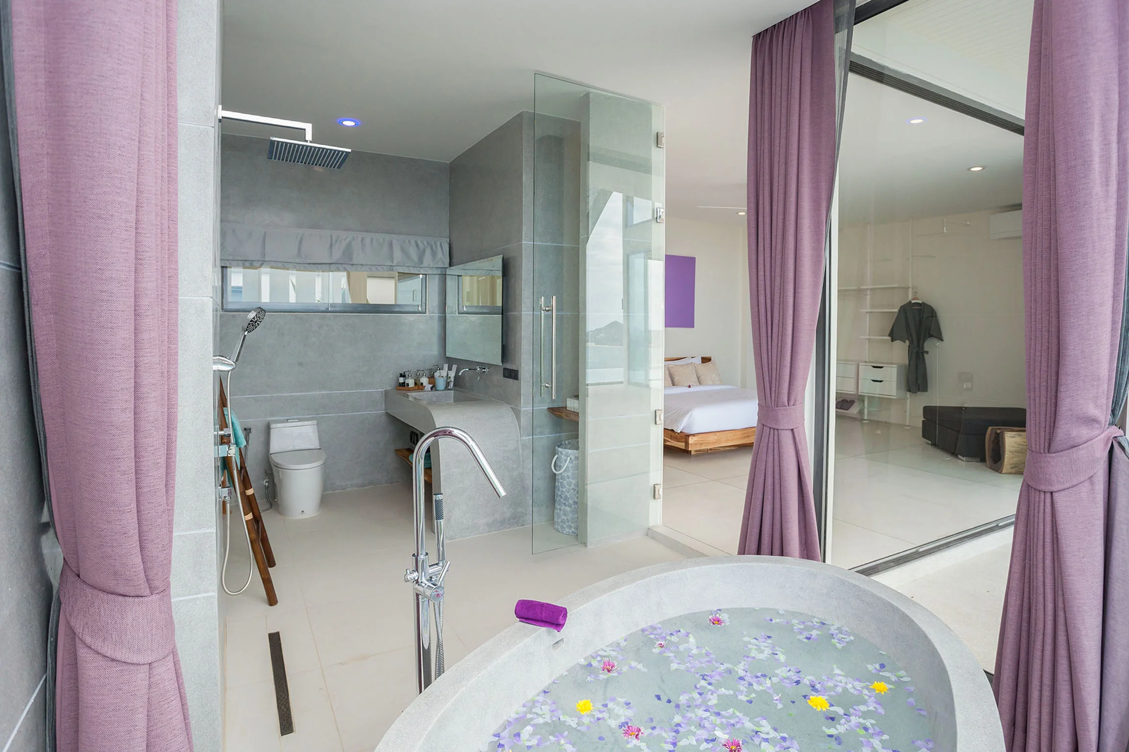 Bath overlooking the bedroom