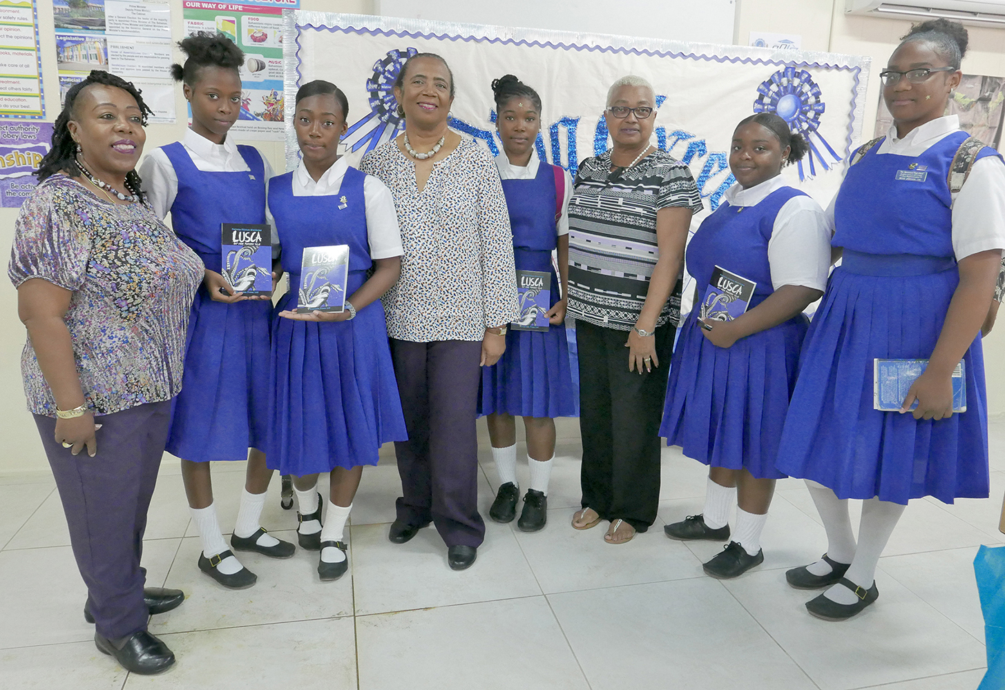 Linda Fisher, librarian, the Government High School; Siding Whyms; Daniella Dorsett; Patricia Glinton-Meicholas, author, Lusca and Other Fantastic Tales; Deonte Charles; Teresita Forbes, vice-principal, the Government High School; Ashlyn Sands and Benet Johnson.