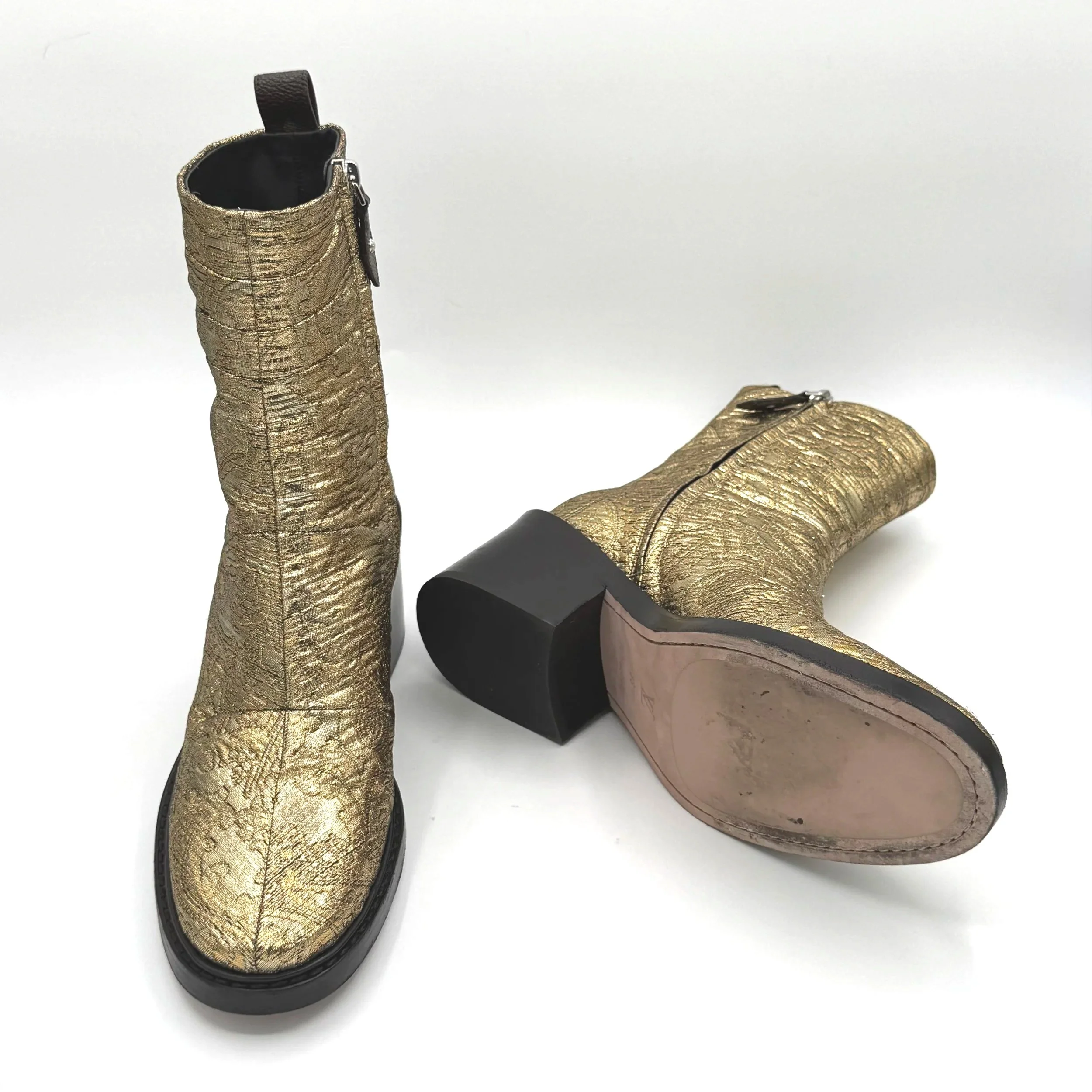 Louis Vuitton Jazz Ankle Boot in Gold Jacquard Print with Block Heel, Size 38