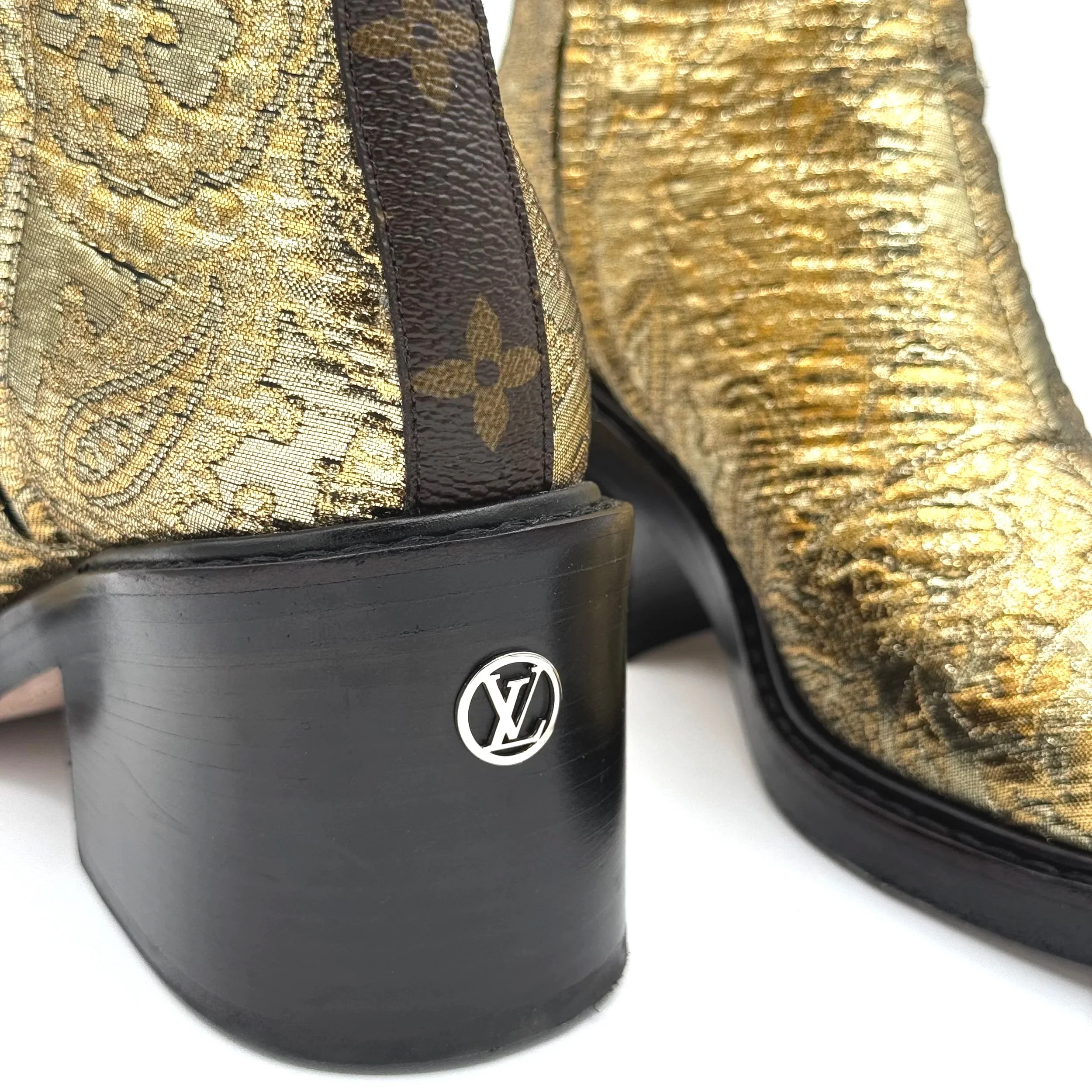 Louis Vuitton Jazz Ankle Boot in Gold Jacquard Print with Block Heel, Size 38