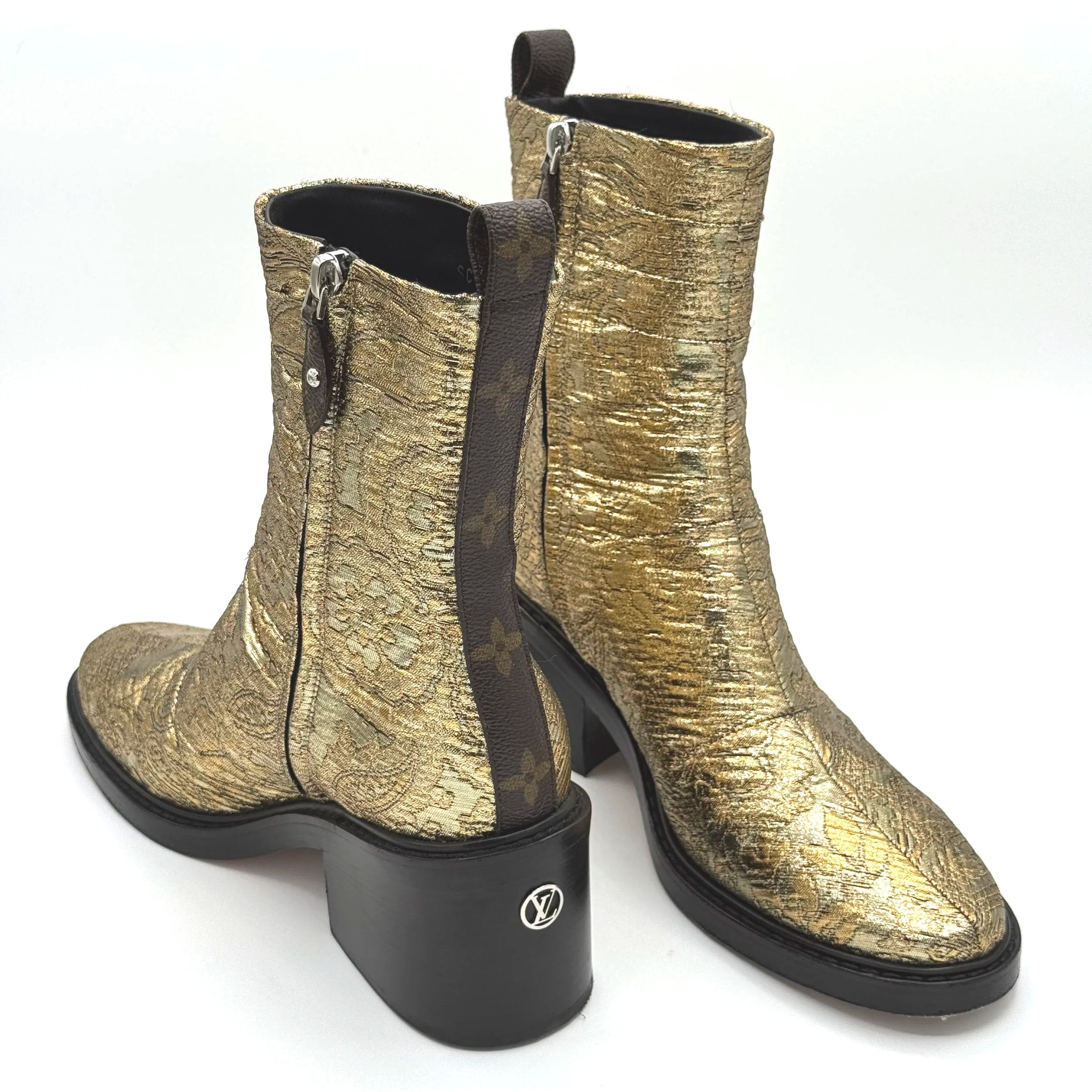 Louis Vuitton Jazz Ankle Boot in Gold Jacquard Print with Block Heel, Size 38