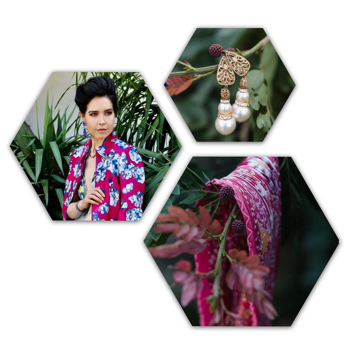 A collage featuring designer earrings, outfit and other accessories that are perfect for Spring