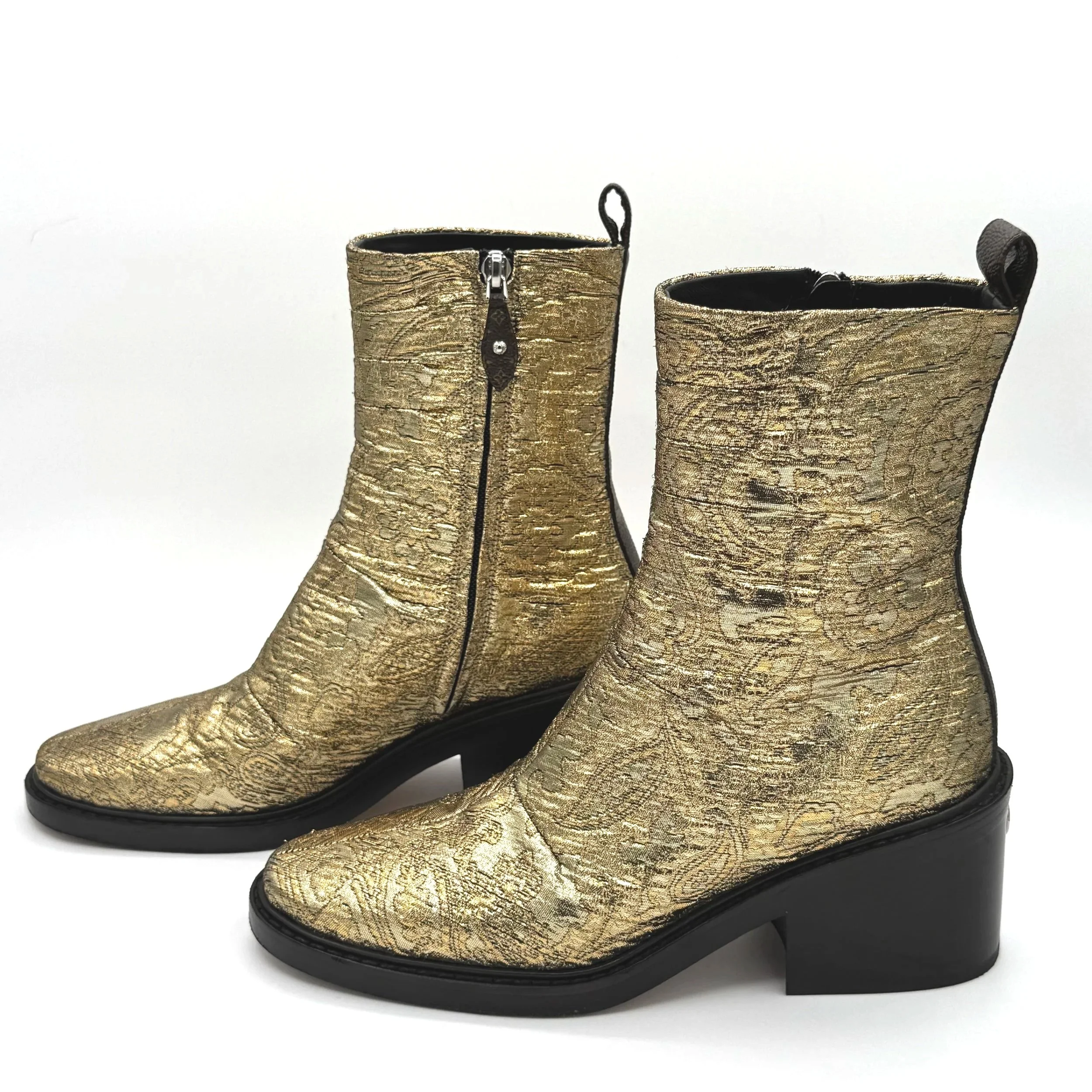 Louis Vuitton Jazz Ankle Boot in Gold Jacquard Print with Block Heel, Size 38