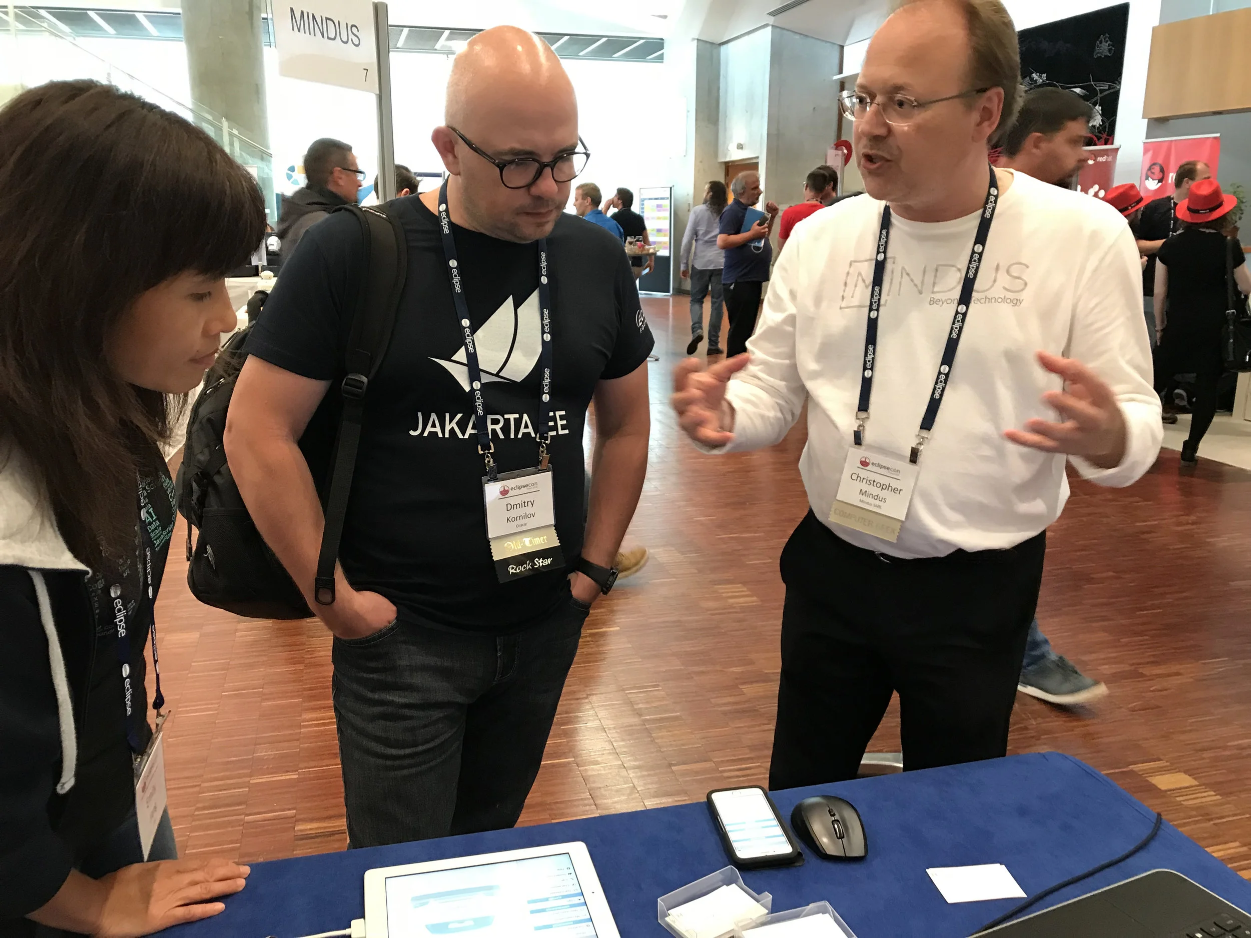 EclipseCon's Jakarta EE panel, IBM's Emily Jiang, Oracle's Dmitry Kornilov with Christopher Mindus