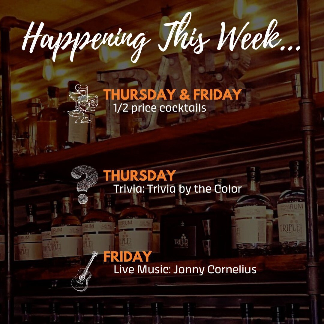 Monday is best spent daydreaming about the rest of the week&rsquo;s plans.😜 Check out this week&rsquo;s events:

🍸 Thursday, 3/17 &amp; Friday, 3/18 - Join us for Happy Hour from 4pm to 6pm&hellip;Our cocktail menu is 1/2 price!

❓ Thursday, 3/17 -