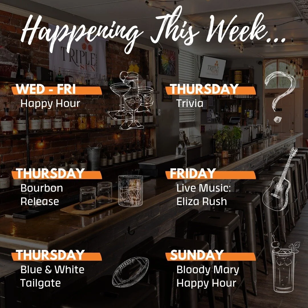 There's lots going on this week so it&rsquo;s probably best you pull out your phone and update your calendar. 😏Here&rsquo;s what&rsquo;s happening:

 🍸Wednesday, 8/31 - Friday, 9/2 - Join us for Happy Hour from 4pm to 6pm!

 🥃Thursday, 9/1 - We&rs