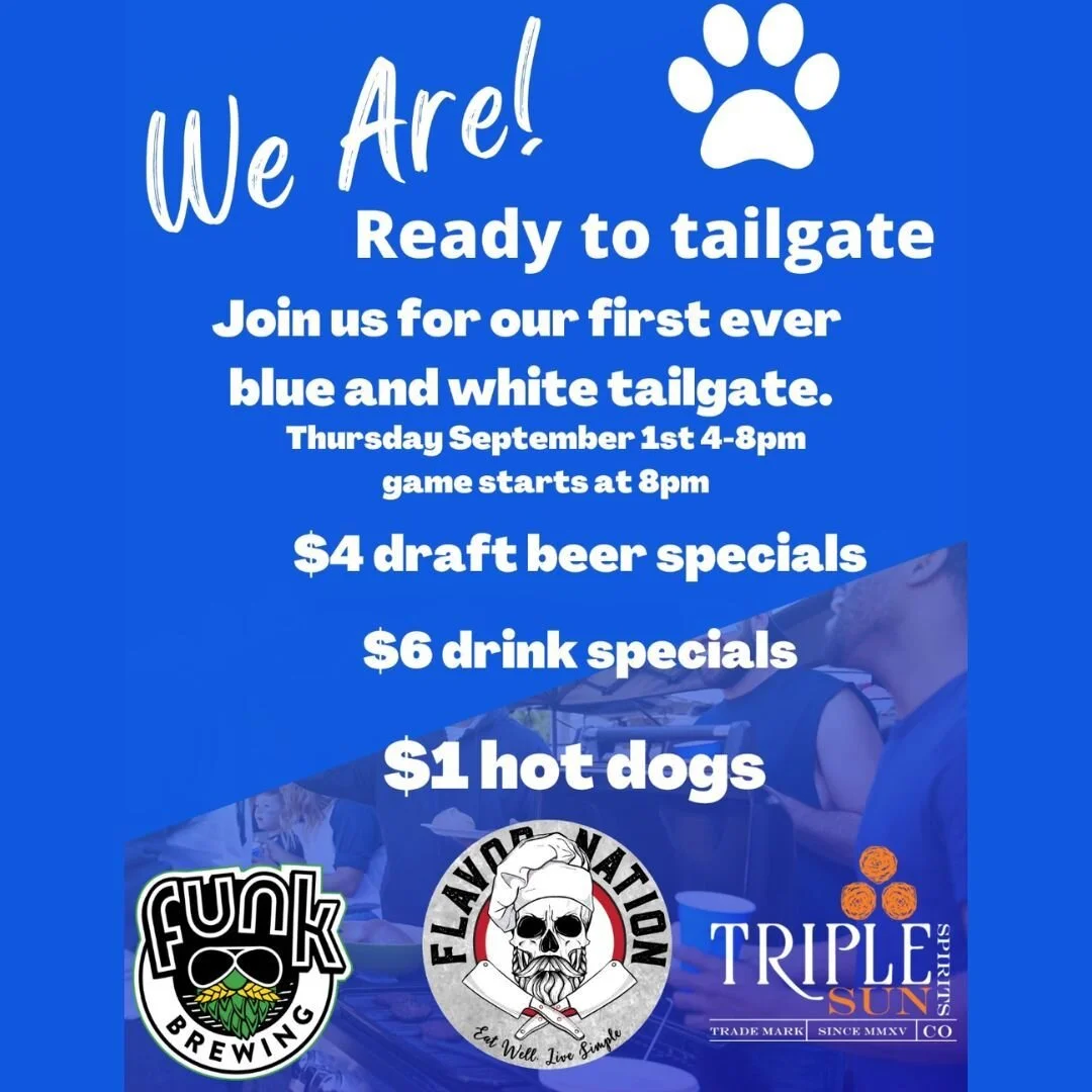 🐾 WE ARE 🐾&hellip;kicking off our first blue and white tailgate today at 4pm! Come on out to Bank Street for some tasty $1 hot dogs from Flavor Nation, $4 draft beer specials from Funk Brewing and $6 drink specials from yours truly. So much fun to 