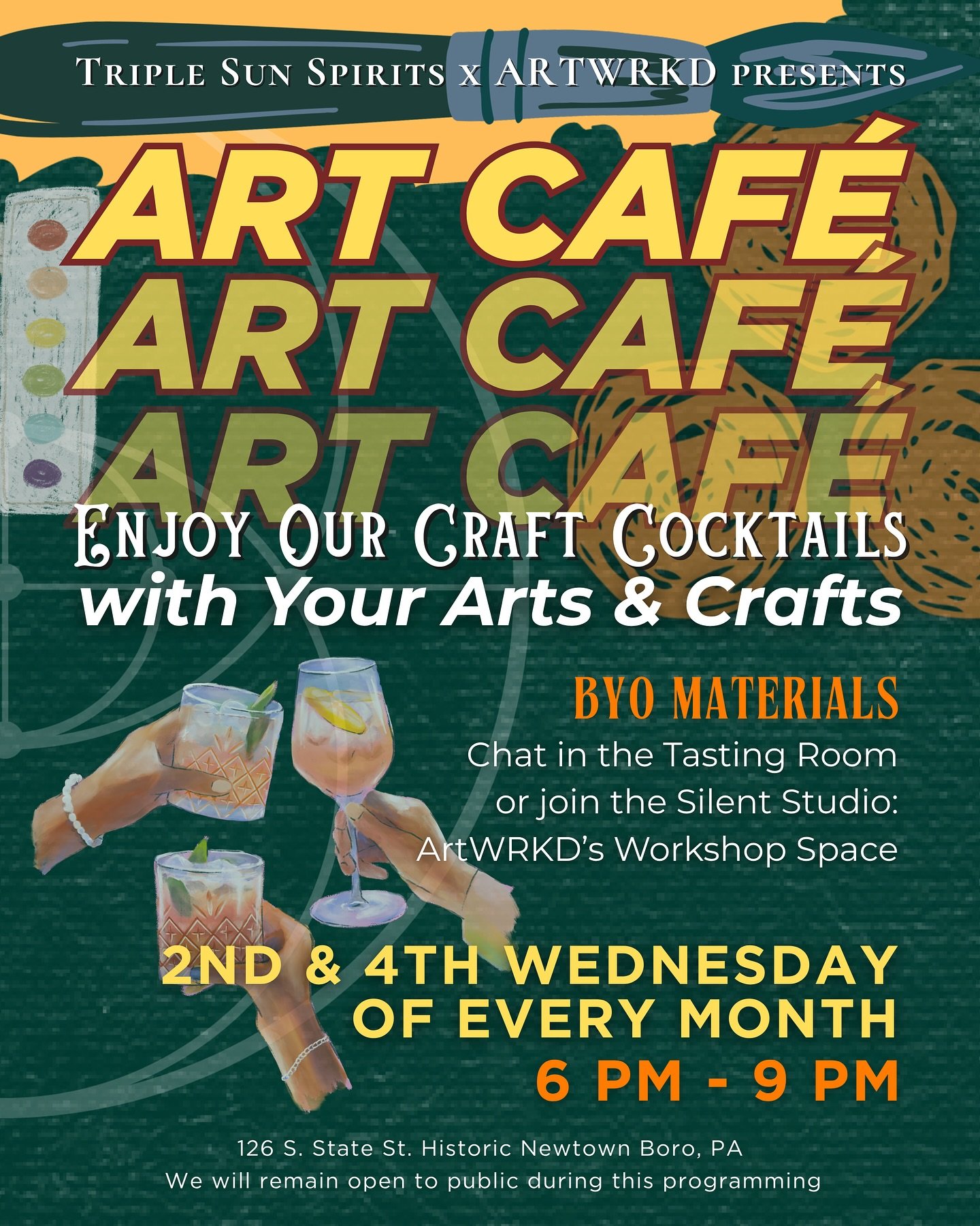 BYO Arts and Crafts and enjoy our Craft Cocktails with your artsy friends! Starting June 11th from 6-9pm: happening every other week this summer 🎨☀️ The Art Caf&eacute;
.
WE ARE OPENING&hellip; the kitchen on Wednesdays now so you can also enjoy the