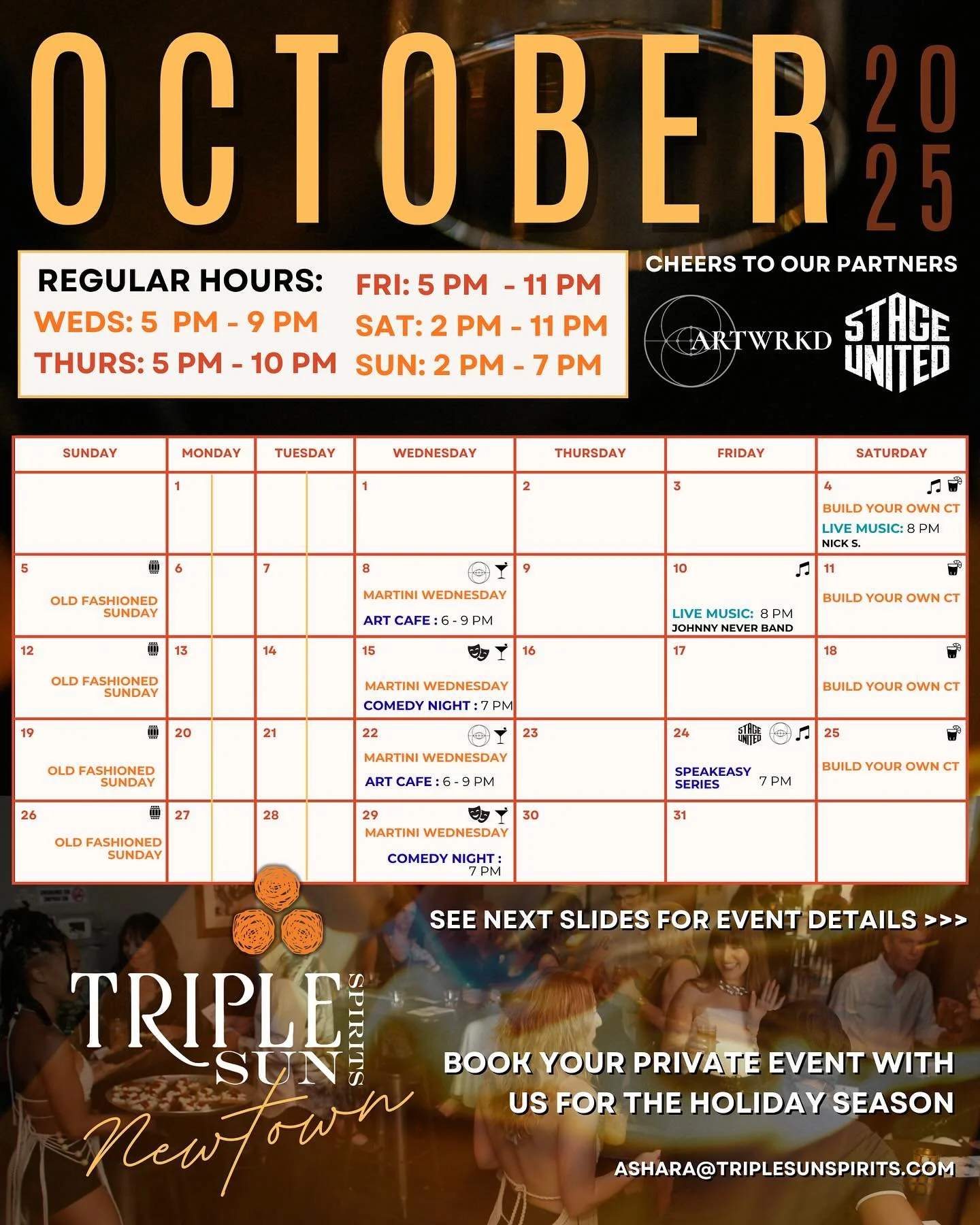 OCTOBER HAPPENINGS at the Newtown Borough Tasting Room 🥃 Enjoy craft cocktails with local arts and entertainment both curated and open mic opportunities ☀️☀️☀️
.
The email hidden at the bottom reads: Ashara@triplesunspirits.com
.
Zoom in for details
