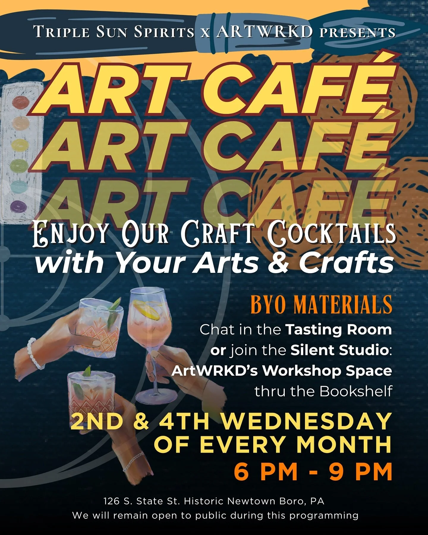 THIS WEDNESDAY 🎨 Come make some artwork, sketch, dilly dally in some crafts, or just hang out with your cocktail in the tasting room or upstairs in the silent studio with likeminded creatives!