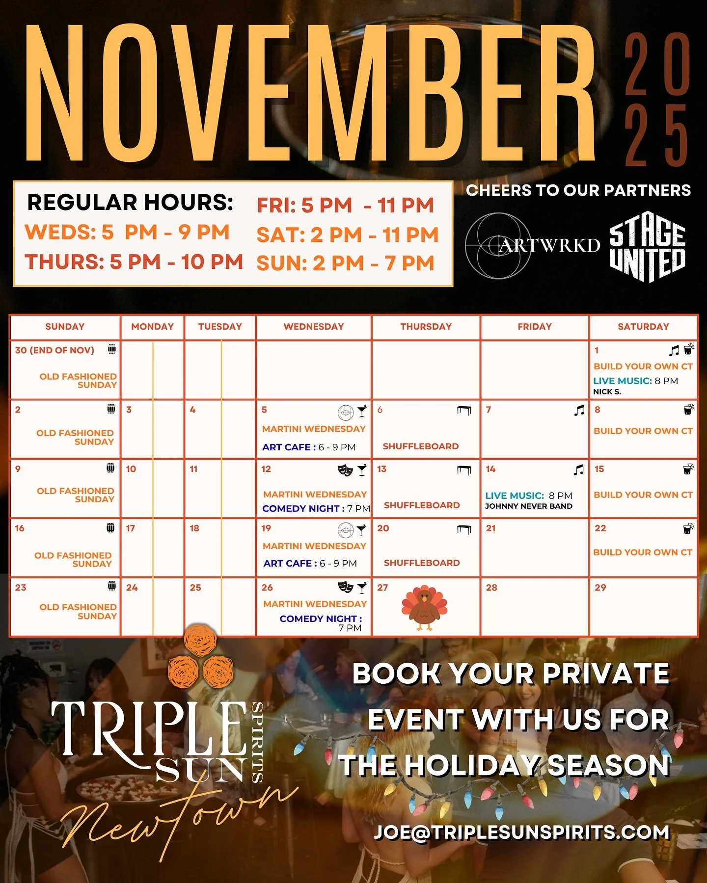 NOVEMBER HAPPENINGS at the Newtown Tasting Room ☀️☀️☀️ Book your private events with us for the holiday season! It&rsquo;s tiiiiiiime!! 🎄 We are ready for you with the holiday cheer! And cheers! 🍻 🥃