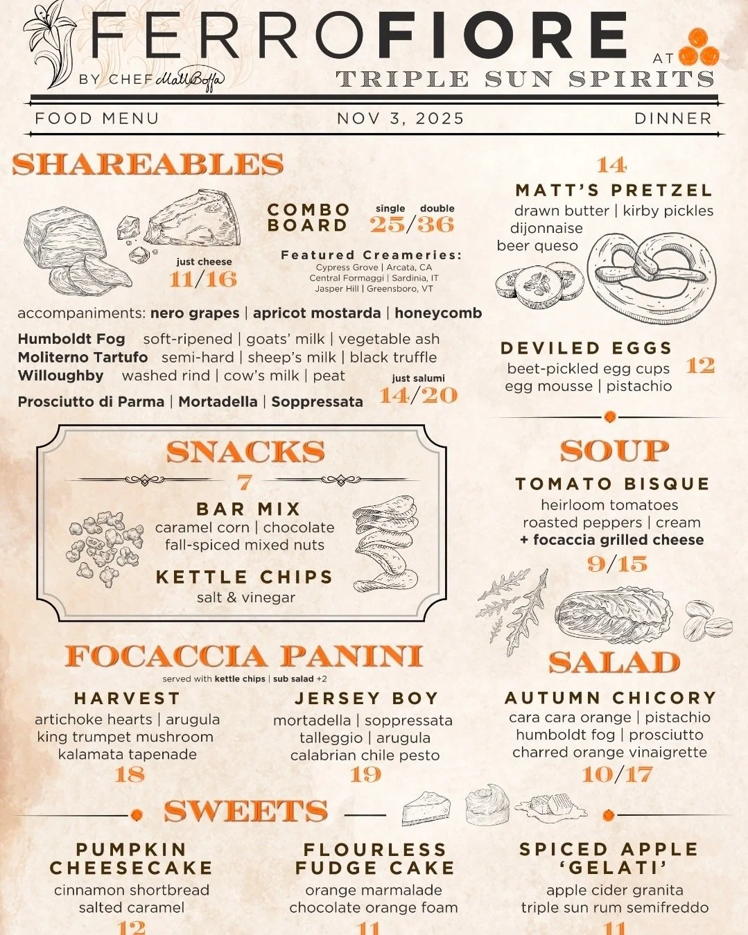 Fun &amp; Energetic Food this good deserves a cocktail this smooth! 🙌
Chef Matt Boffa&rsquo;s amazing menu is live&mdash;loaded with delicious options that match every vibe and every Triple Sun favorite. Grab a drink, grab a bite, and thank us later