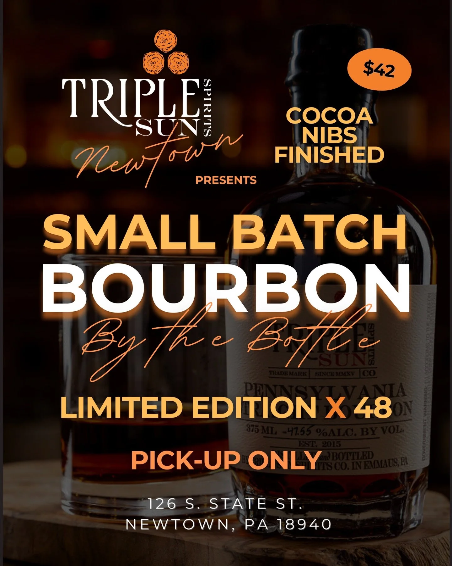 🥃🚨 SMALL BATCH BOURBON ALERT 🚨🥃
Cocoa Nib Finished &mdash; 48 bottles Available
Pick-Up in Tasting Room 
*see last slide for hours