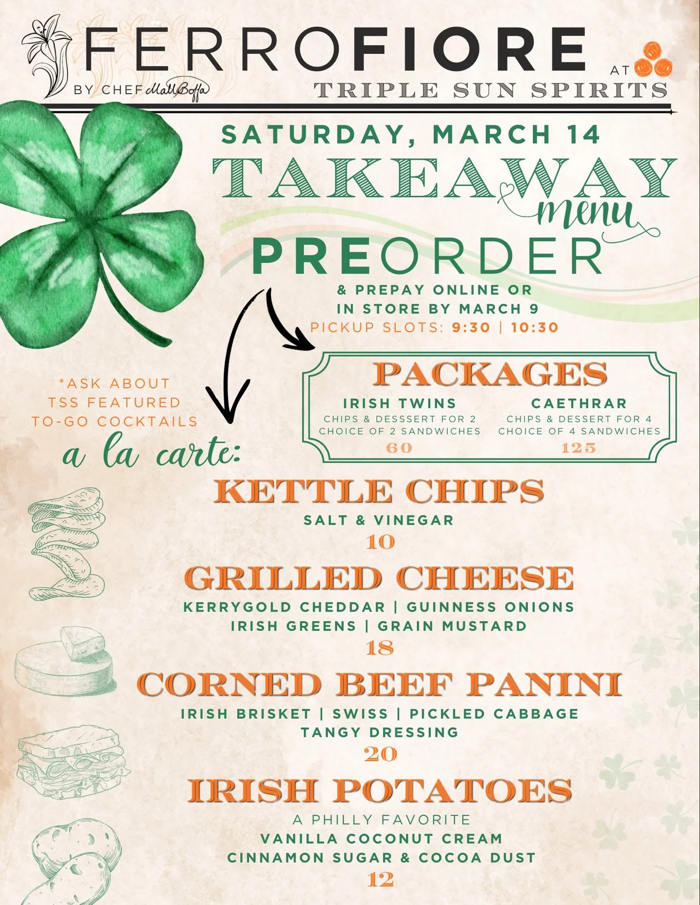 PRE-ORDER ☘️ SHAMROCK SHUFFLE on 3/14 ☘️ TO-GO ORDERS will be ready for you to rock-and-roll ☘️ visit the link in our bio to lock it in by March 9th 🔒 Chef @mattboffa
