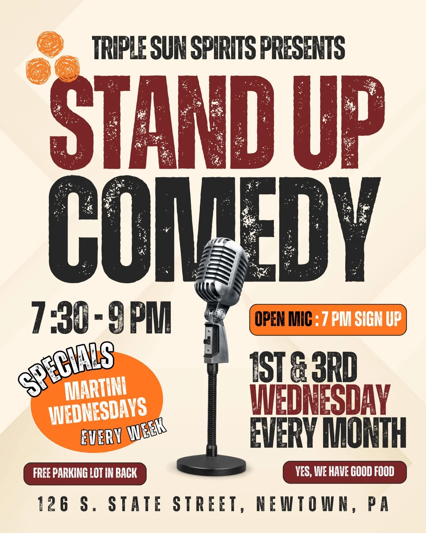 COMEDY NIGHT IN THE NEWTOWN BOROUGH 🎭 Get your giggles on 1st and 3rd Wednesdays at Triple Sun Spirits // Open Mic // 7 PM sign-ups // Plus our weekly Martini Wednesday specials to tickle your fancy 🍸 hosted by @gregwilliamsjr