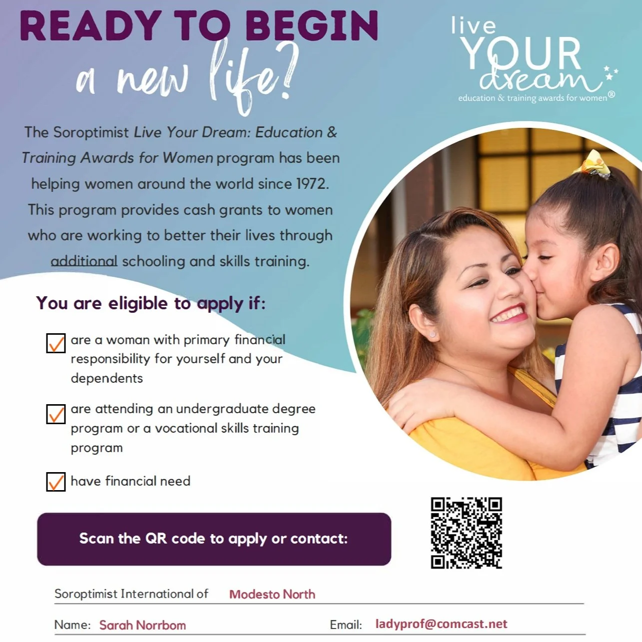 Soropimist International Modesto North is giving scholarships to women - Heads of Household with dependents - residents of Modesto, CA - who are accepted or enrolled in post-secondary programs. Up to $6K in local awards and up to $10K in internationa
