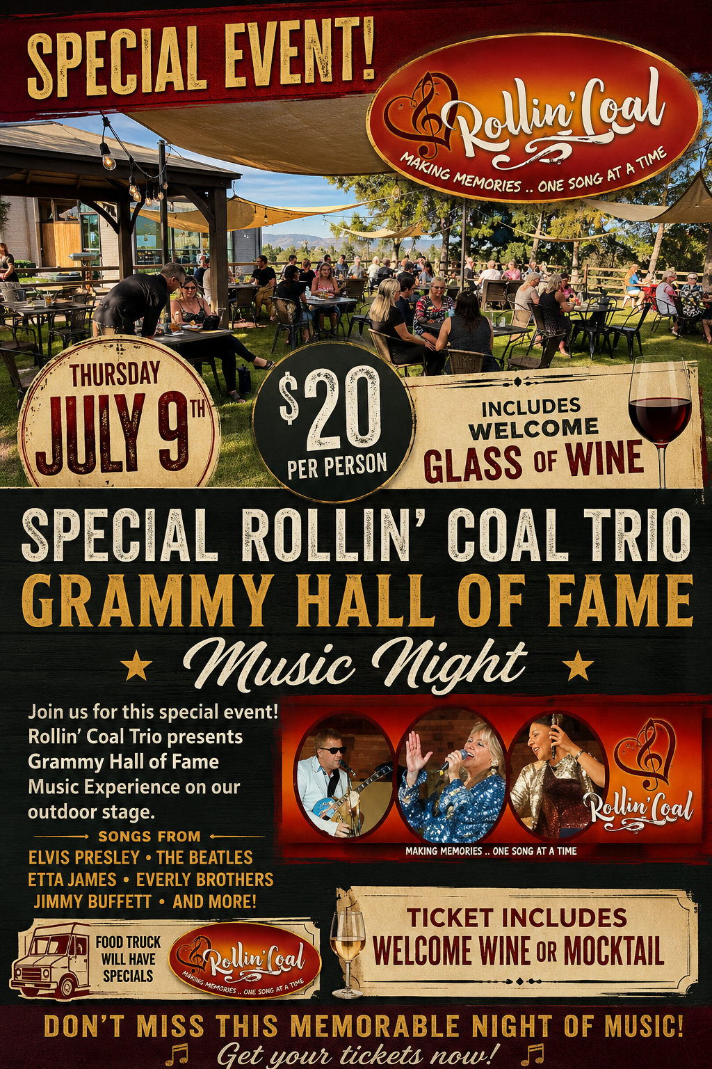 rollin coal trio, live music, trio, band, music night, food truck