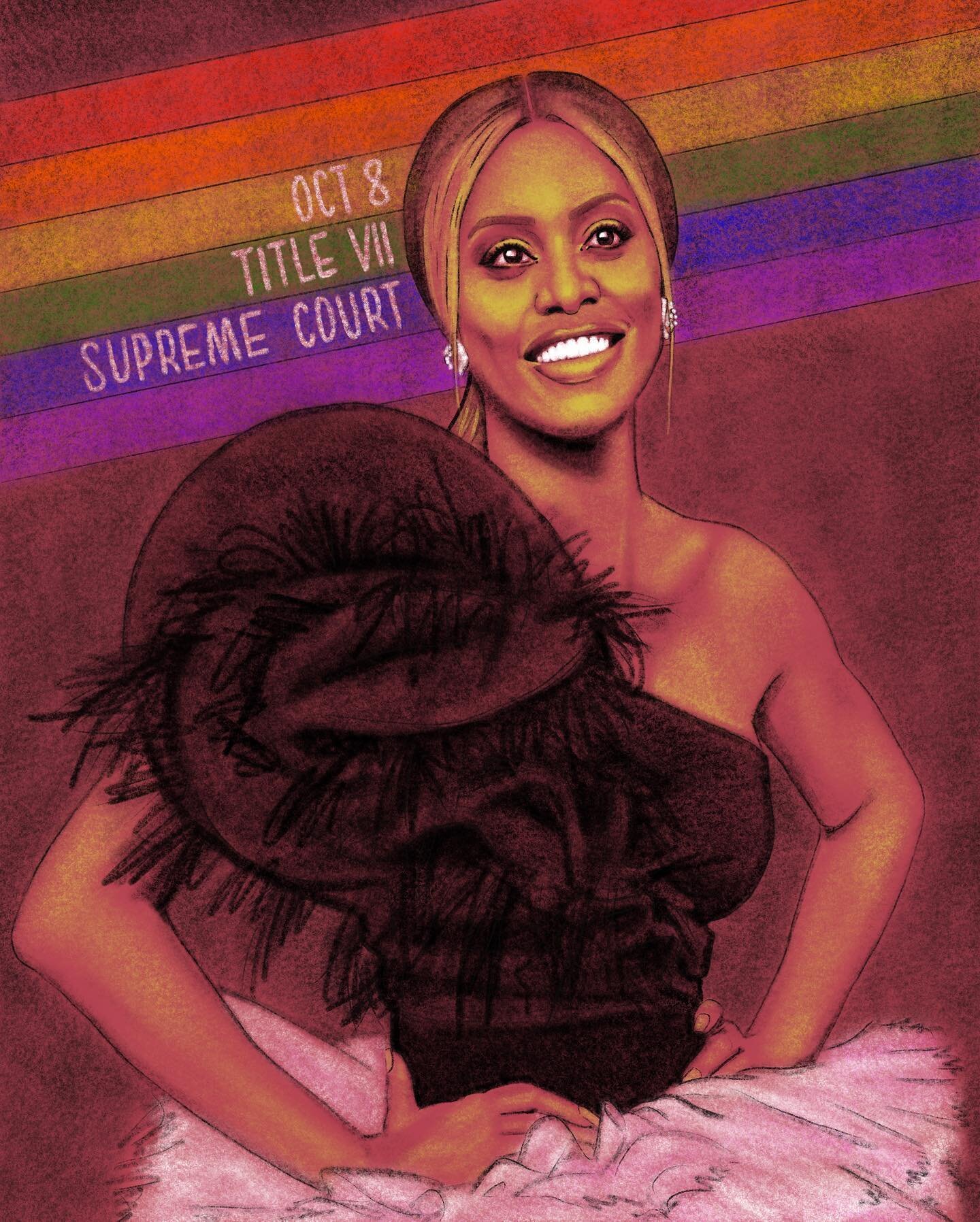 #TransRights are #HumanRights ❤️My drawing of @lavernecox at the 2019 Emmys. The background is inspired by the pride flag Eddie Parker clutch she brought with the message &quot;Oct 8, Title VII, Supreme Court.&quot; Trans rights continue to be in dan