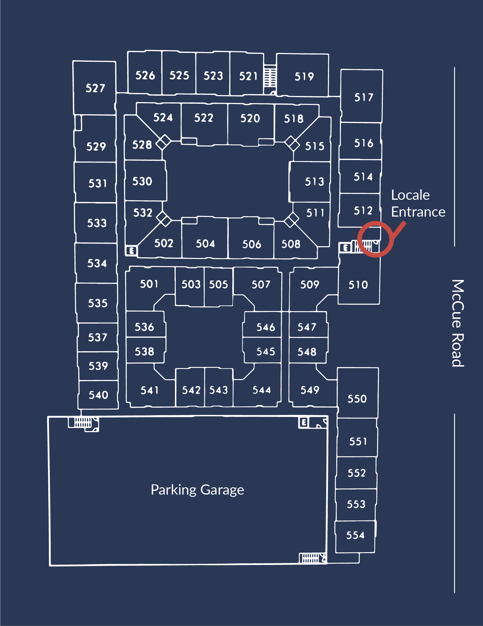Locale guest's entrance is highlighted above in red. Click on the image to enlarge.