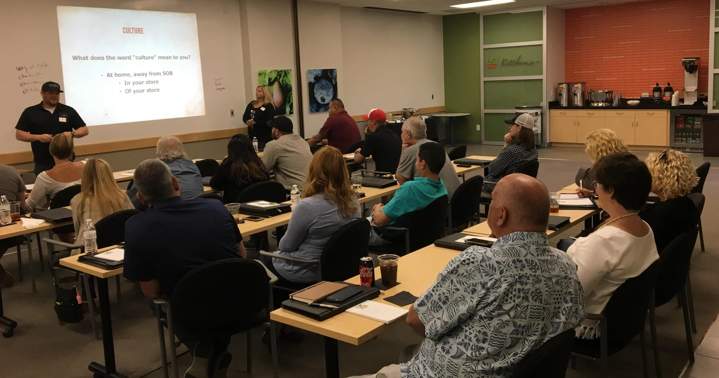 CEO, Jonathan Weathington, talks with current Shuckin' Shack restaurant owners about "The Shack" culture.