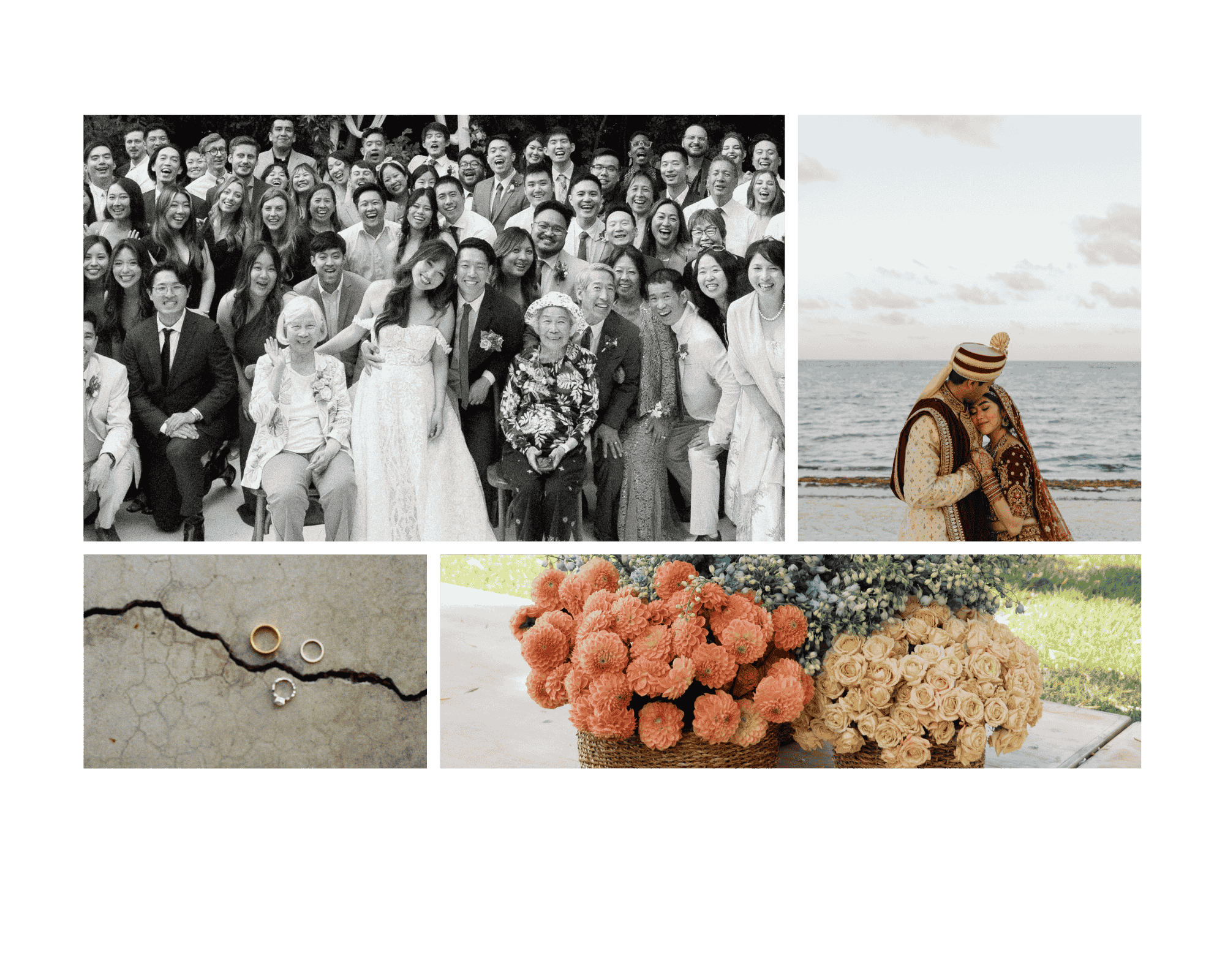 Four-photo wedding collage featuring candid, emotional moments of couples, including intimate portraits, celebration scenes, and natural interactions captured in an editorial, documentary style