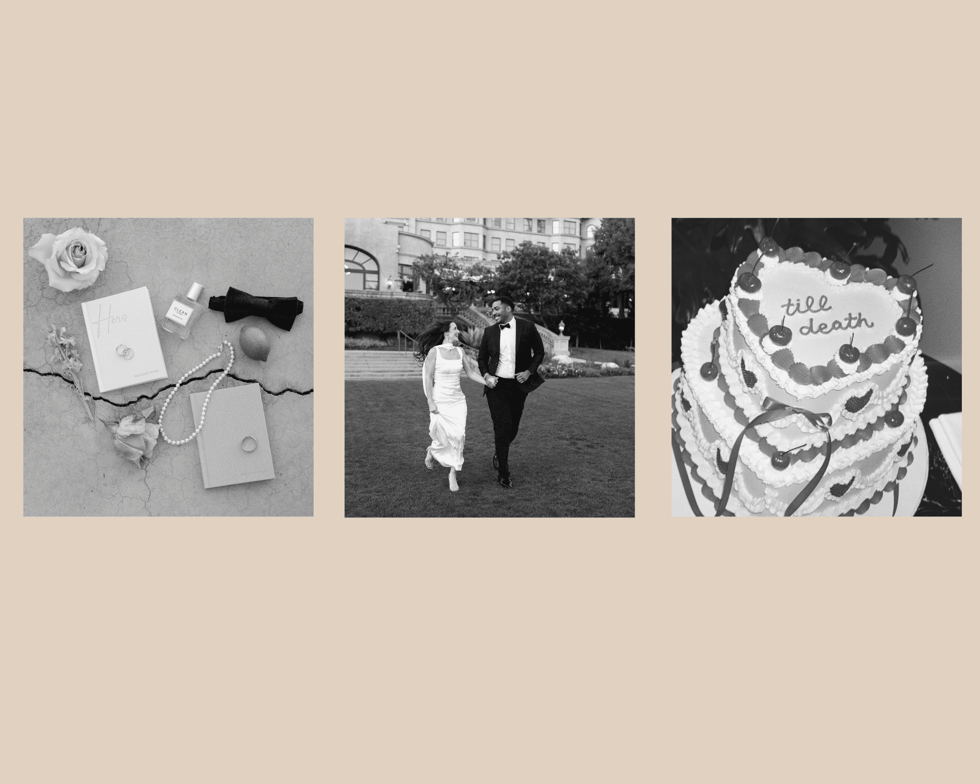 Black and white wedding photography collage featuring three candid and emotional moments between couples, captured in a timeless, documentary style.