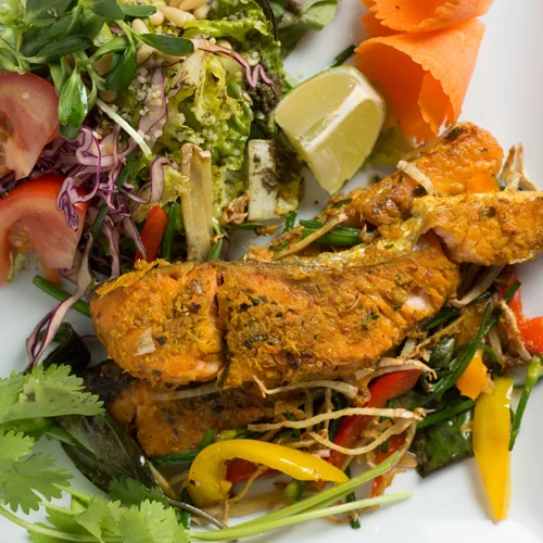 LEMONGRASS-TURMERIC SALMON WITH FERMENTED TEA LEAF SALAD