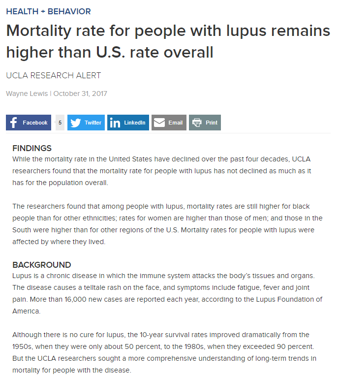 Mortality Rate for People with Lupus Remains Higher than U.S. Rate Overall