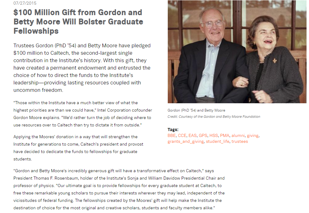 $100 Million Gift from Gordon and Betty Moore Will Bolster Graduate Fellowships