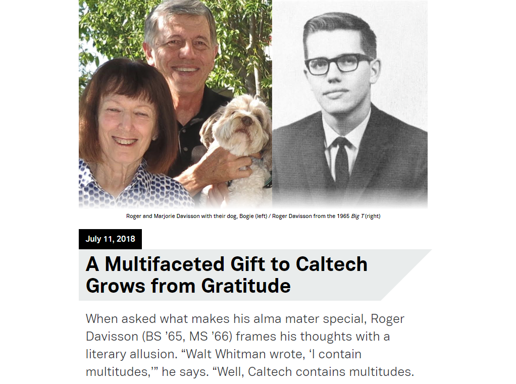 A Multifaceted Gift to Caltech Grows from Gratitude