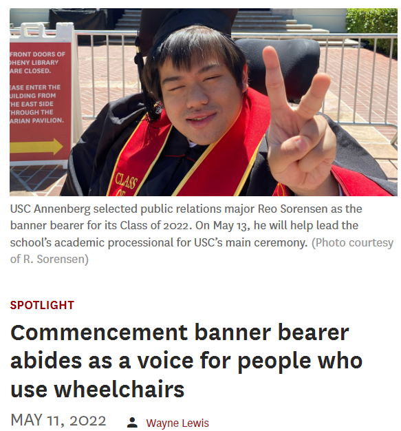 Commencement banner bearer abides as a voice for people who use wheelchairs