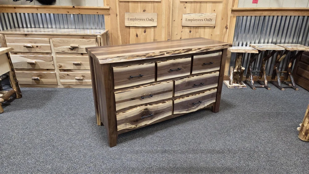 Black Walnut 6 Drawer Dresser with Live Edge Top — EZ Mountain Rustic Furniture