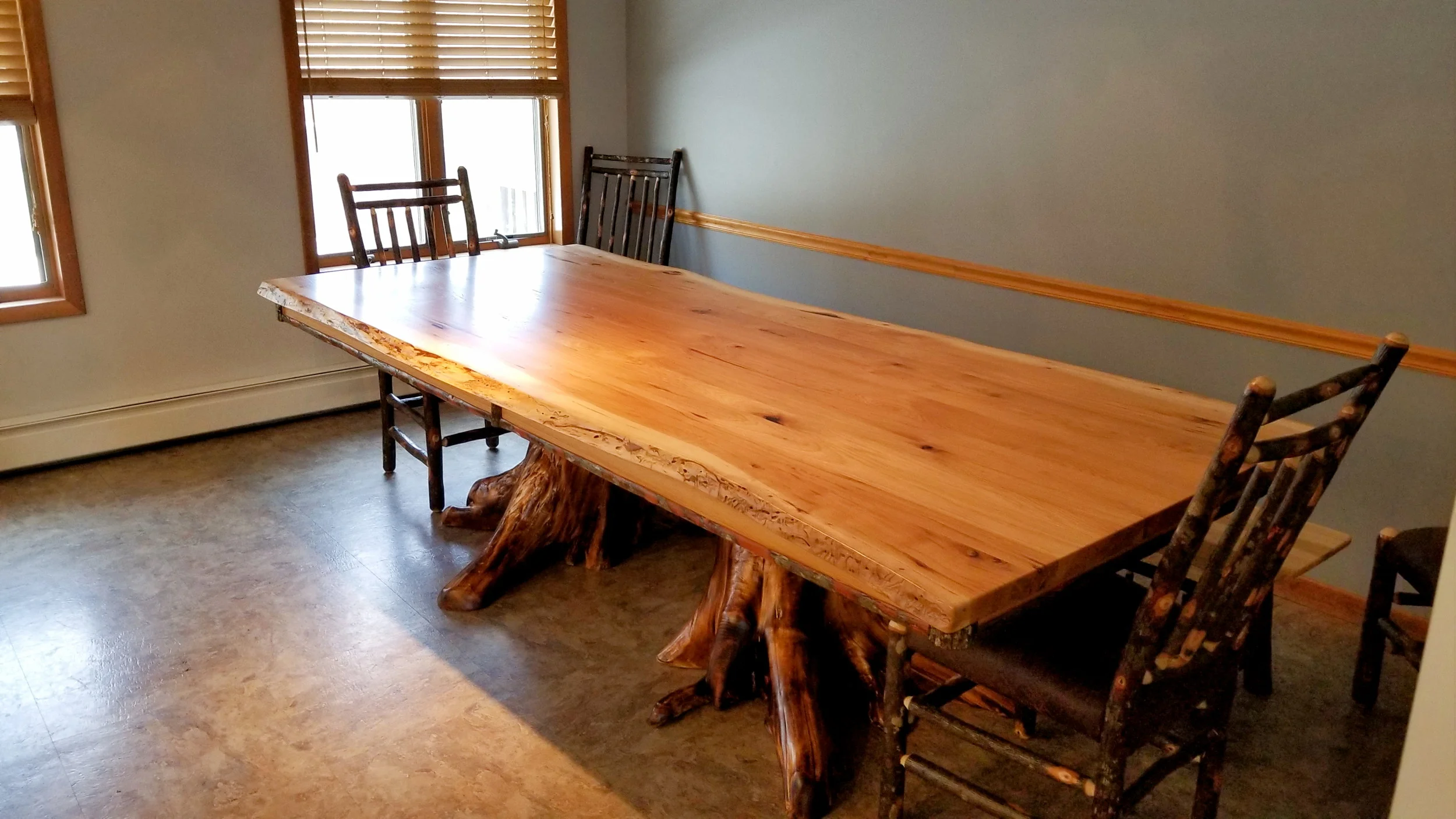 Hickory Live Edge Table with 4 Leg Pedestal Base — EZ Mountain Rustic