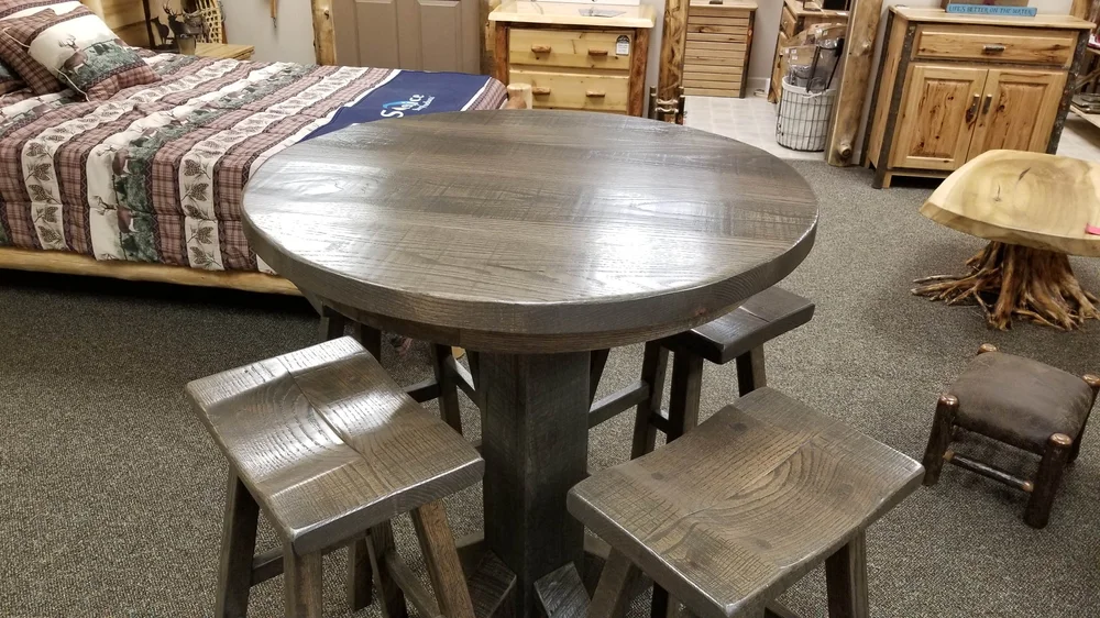 Rough Cut Oak Round Pub Table with Single Pedestal Base — EZ