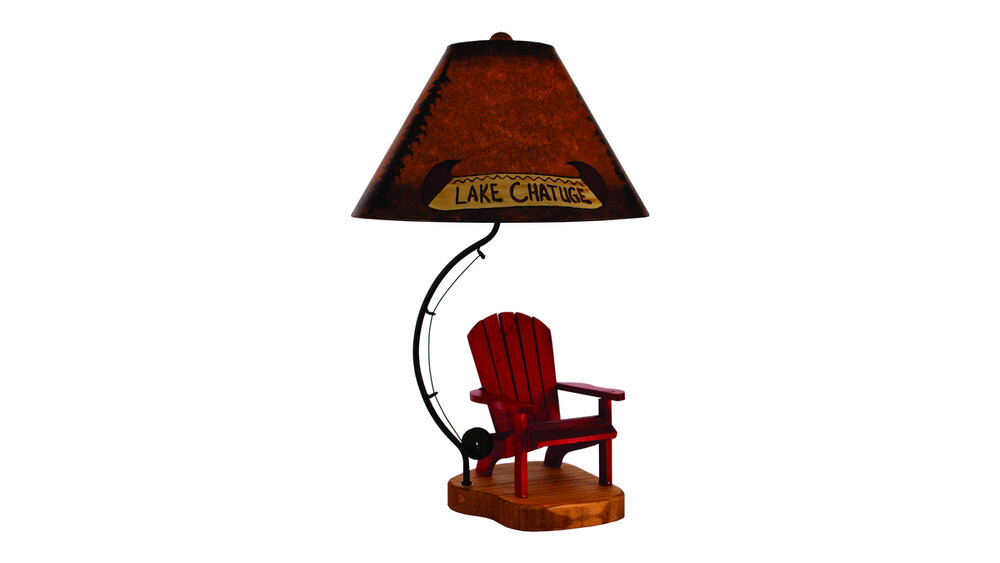 Brick Red Adirondack Chair w/Fly Rod Accent Lamp — EZ Mountain Rustic Furniture