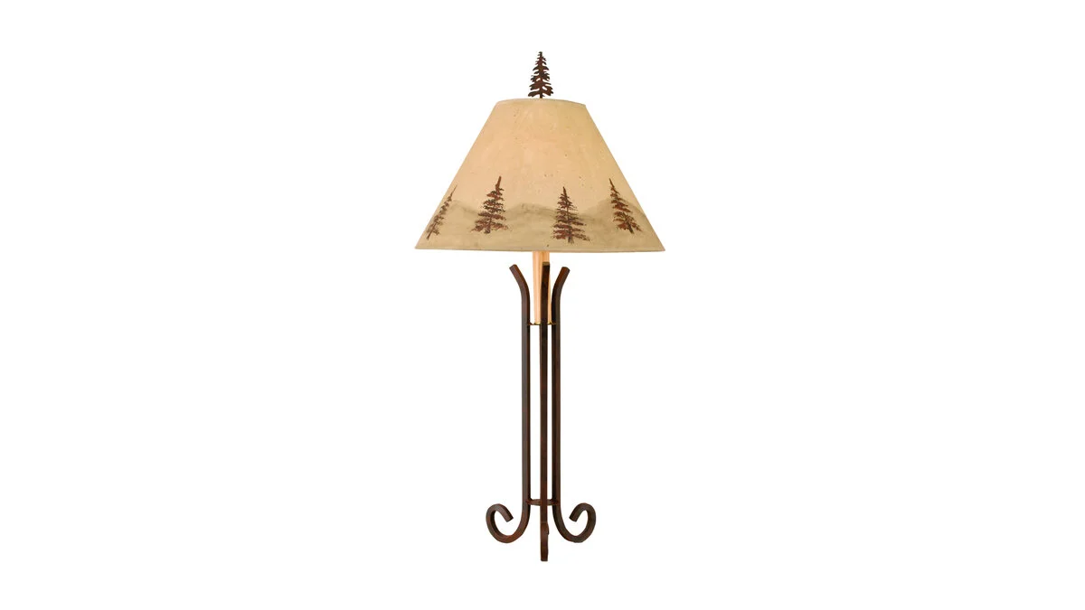 Rust Iron 3 Footed Table Lamp w/Pine Tree Shade