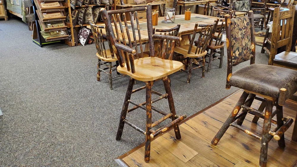 Hickory Swivel Bar Stool with Back and Arms — EZ Mountain Rustic
