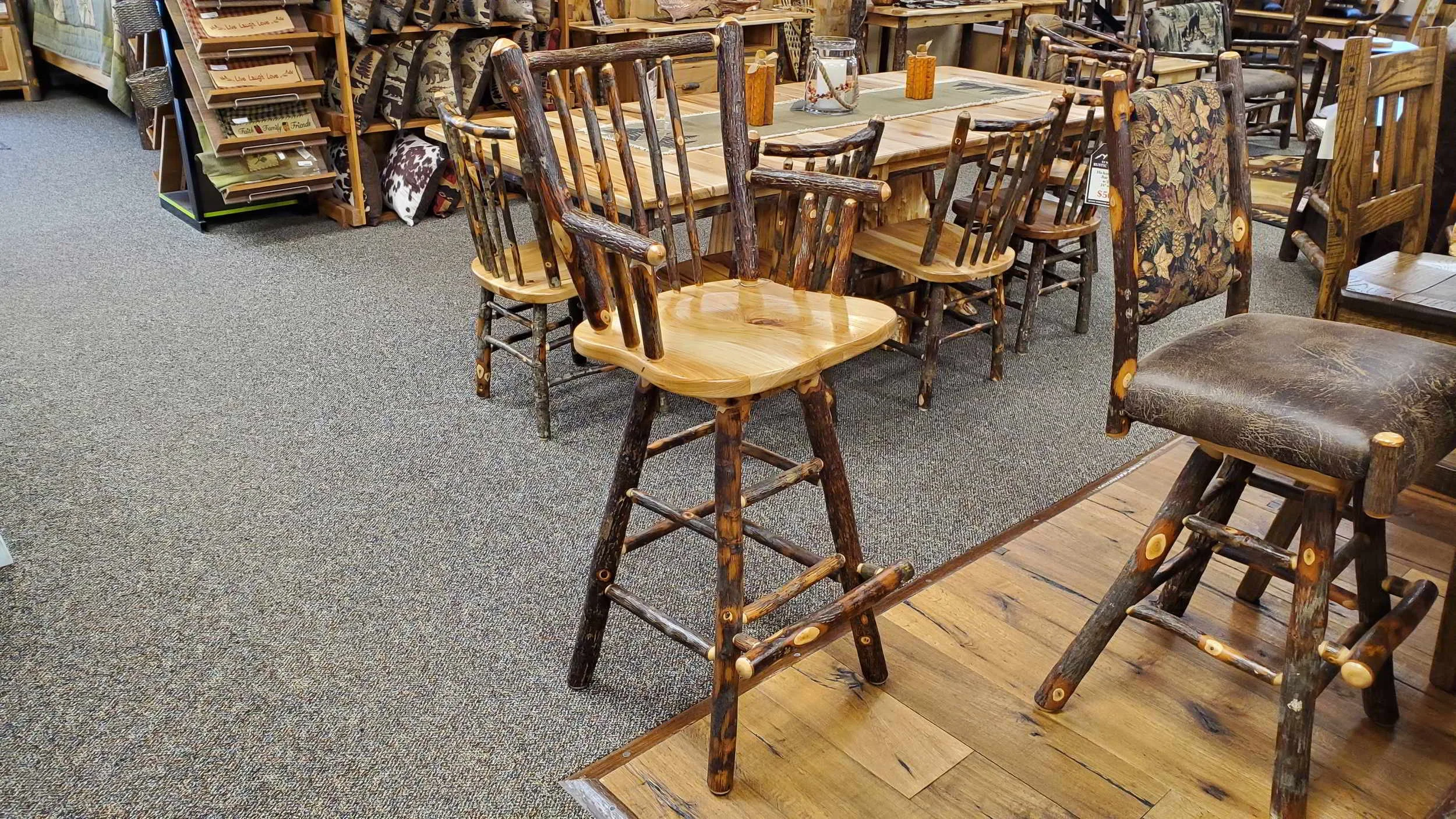 Hickory Swivel Bar Stool with Back and Arms — EZ Mountain Rustic Furniture