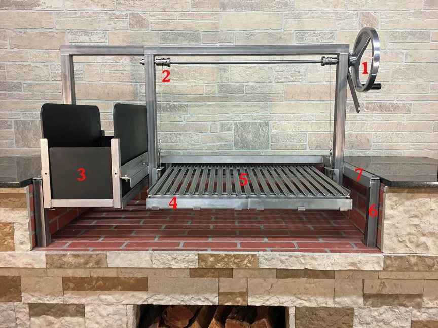 1) Temperature Control Crank Wheel 2. 'V' Groove Grill Plates 3)