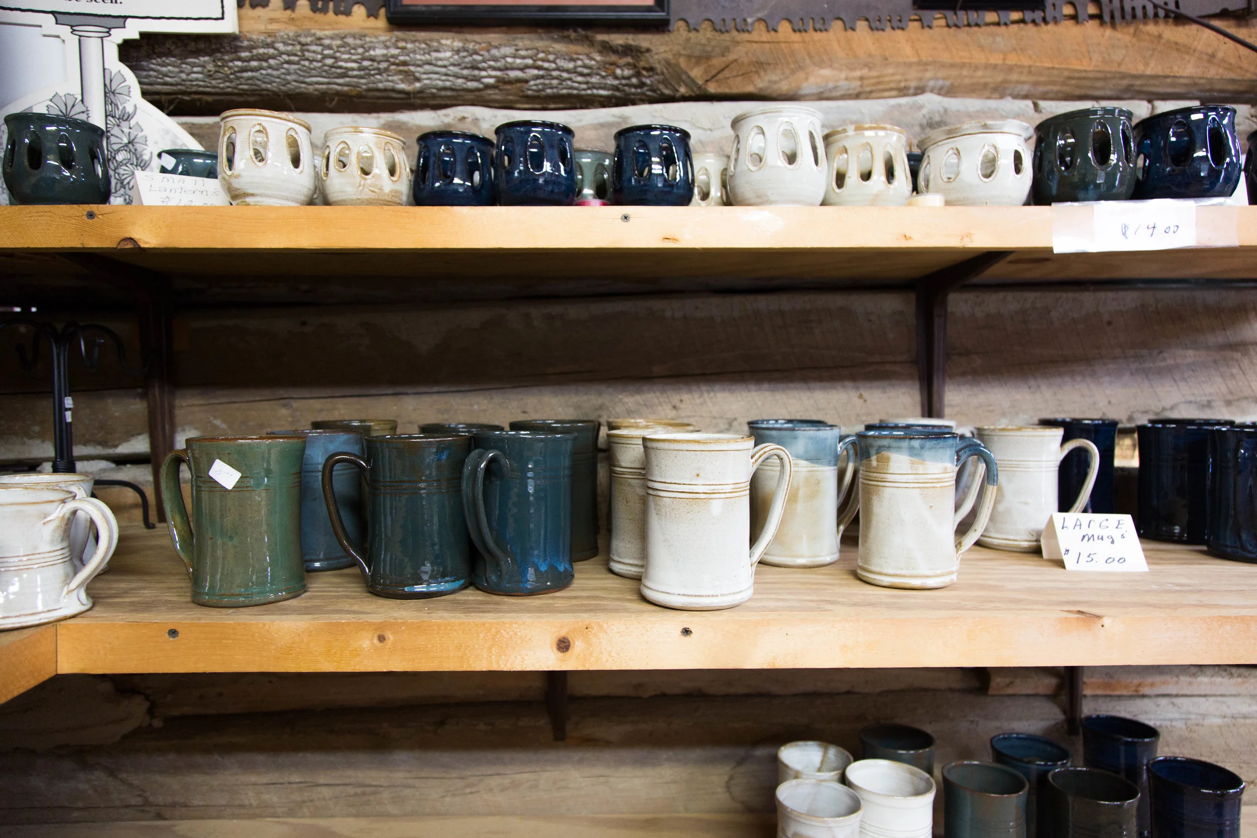 Pottery pieces in Glenn and Lula Bolick's pottery shop.