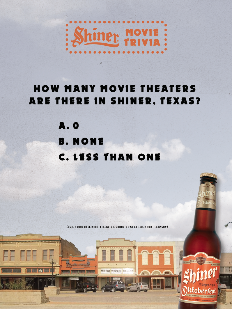  (Answer: Correct! Reward yourself with a Shiner Oktoberfest) 