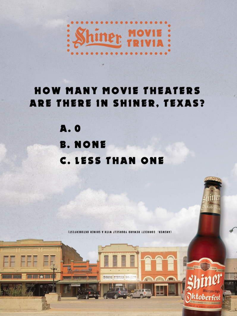 (Answer: Correct! Reward yourself with a Shiner Oktoberfest)