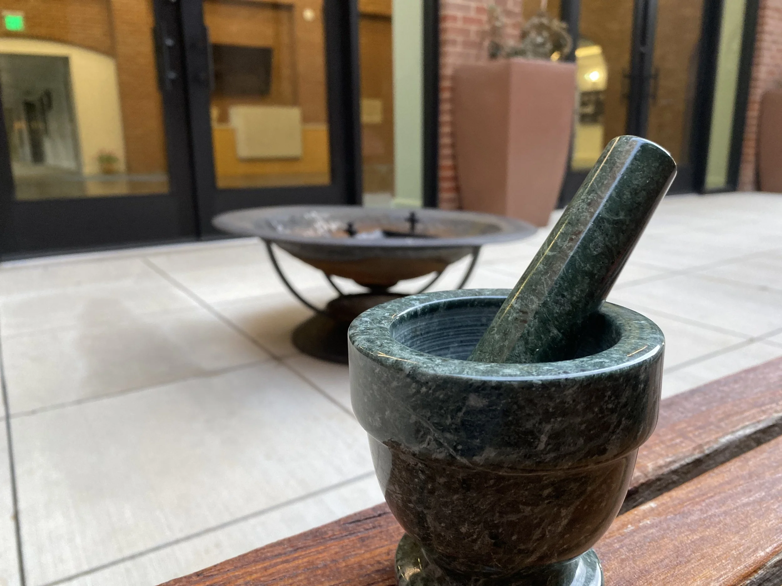 Mortar and pestel used to grind palm ashes into ashes used on Ash Wednesday.