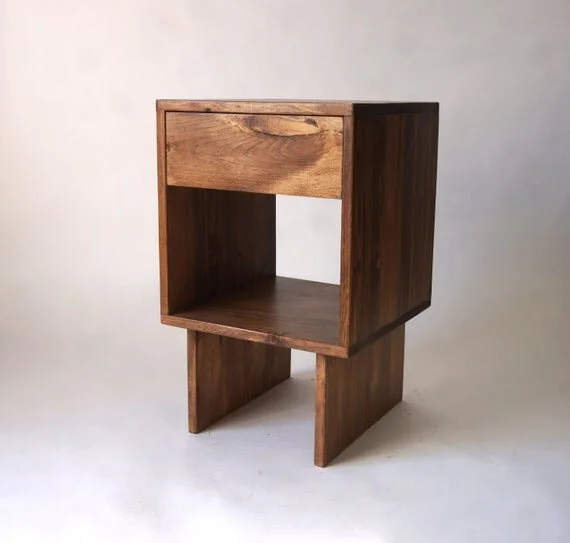 Reclaimed Pine Wood Nightstand, Minimal Design End table, Simple Side table with Drawer Storage and Extra Shelf- Brown