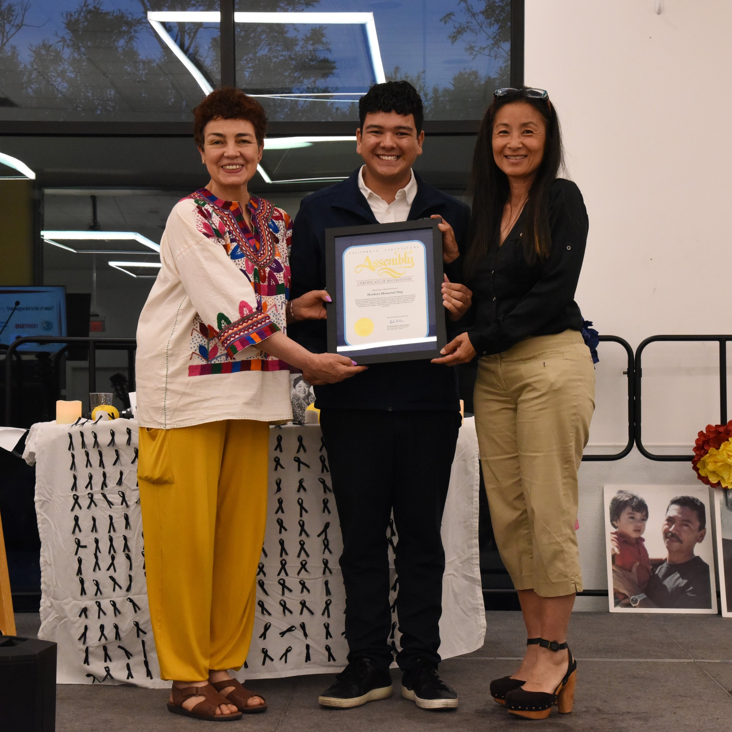 Workers' Memorial Day 438t - Juan Soto presenting Ash Kalra recognition to Maria Marroquin & Jora Trang - LiUNA Local 270 - SJ - CA - 20230428.jpg