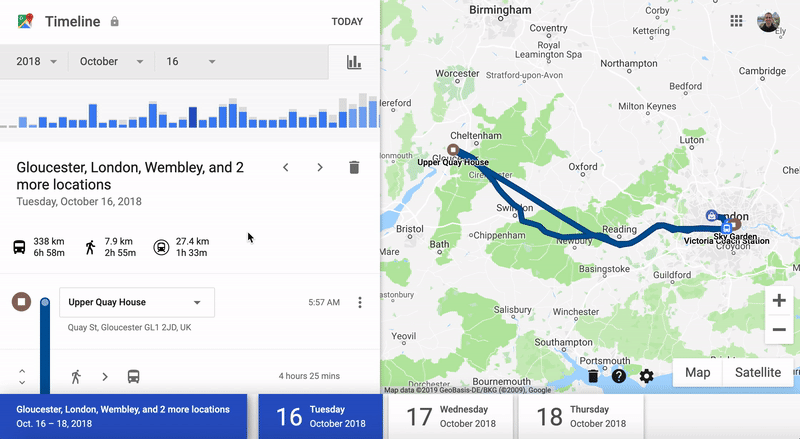 Google stores a precise location — if you have location tracking turned on — periodically throughout the day (and more frequently if you open up the Google or Maps app a lot on your phone) in the Timeline section of the maps app . The location dashboard includes everything from where you were and what bus stop you were waiting at to how you got around.